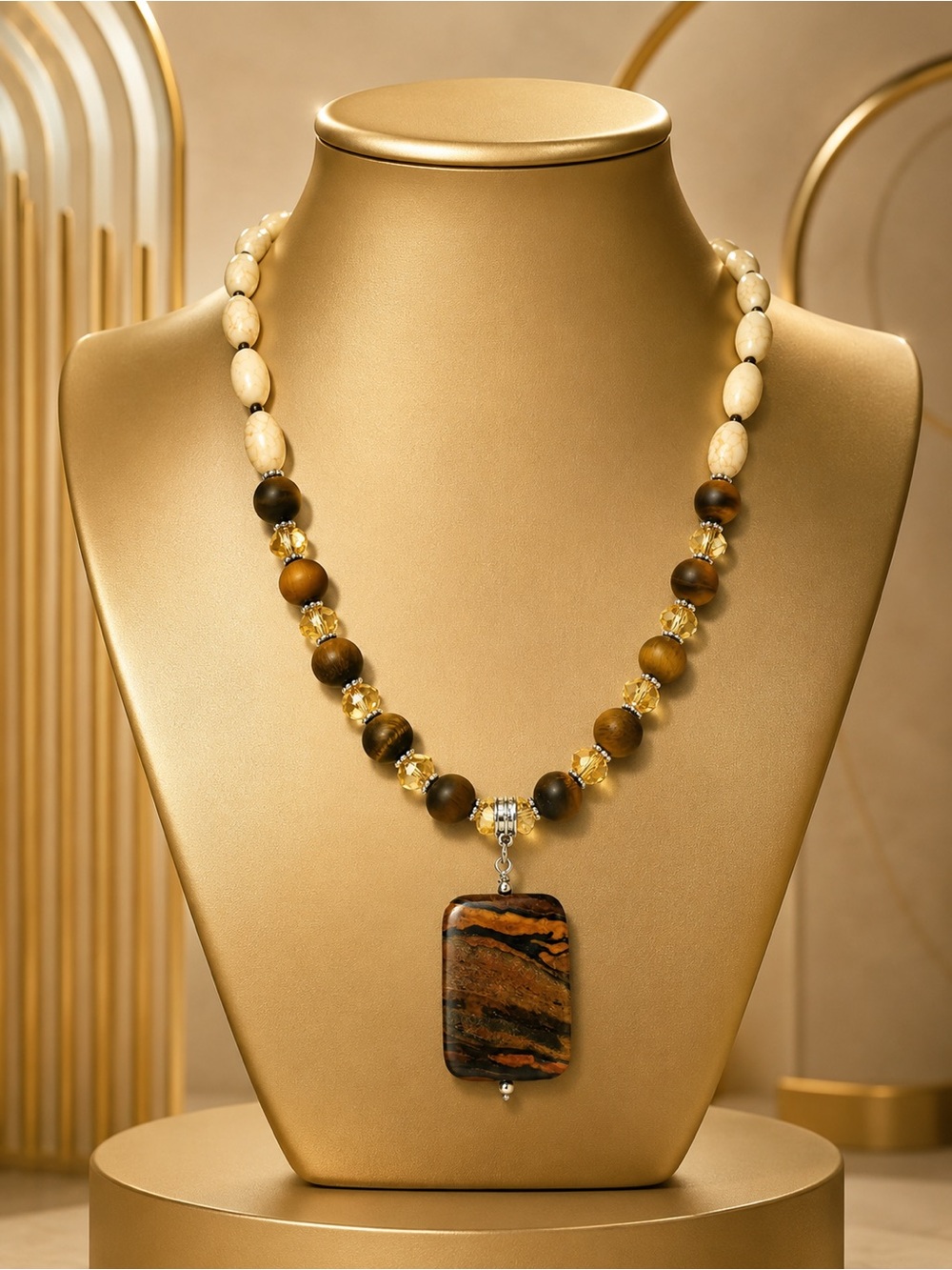 🆕😍Handcrafted Howlite Tigers Eye & Zebra Kasper Pendant Necklace